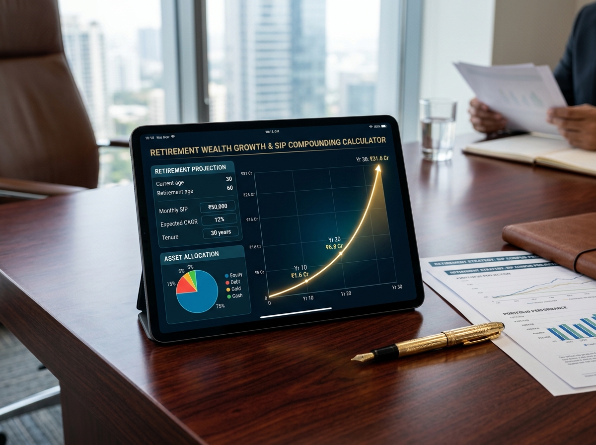 Adinath Finserv retirement wealth growth and SIP compounding calculator interface on tablet.