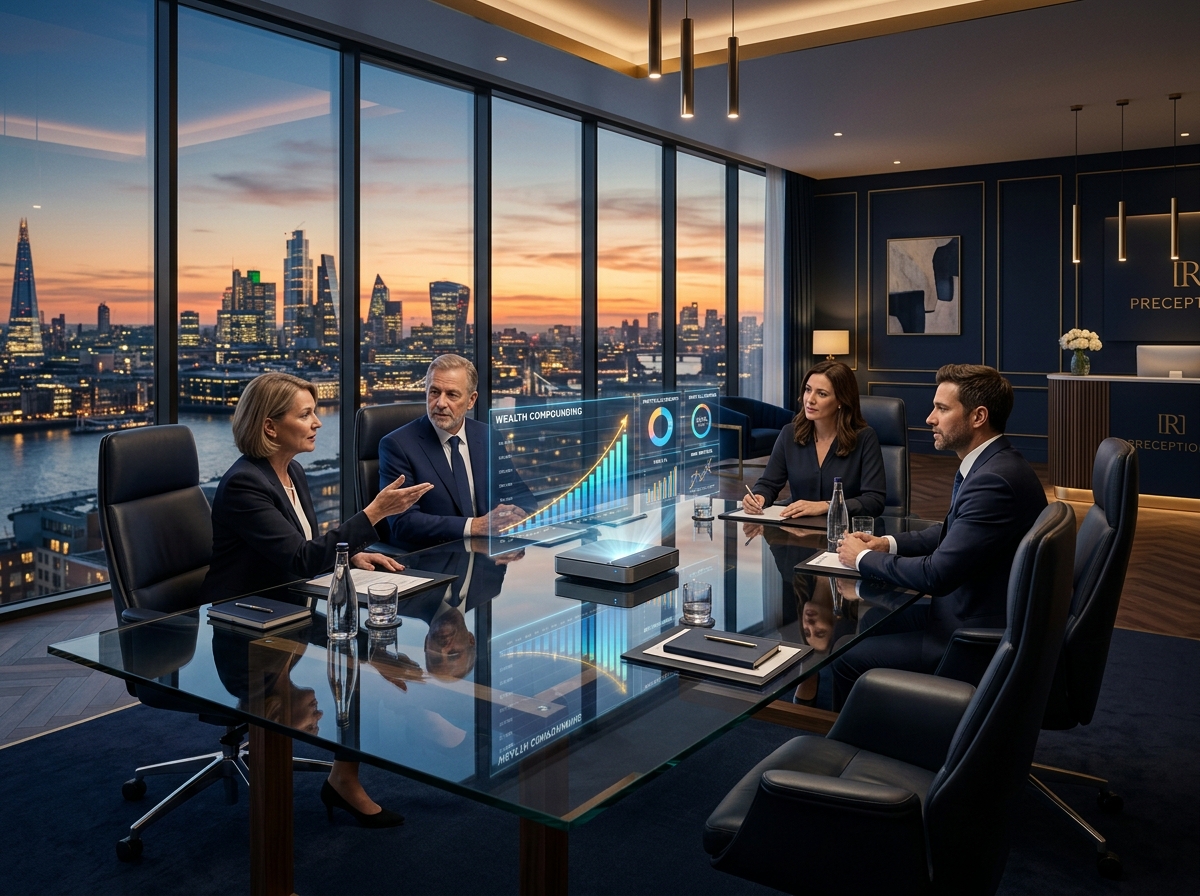 Adinath Finserv executive wealth advisory meeting room overlooking city skyline with holographic growth charts.