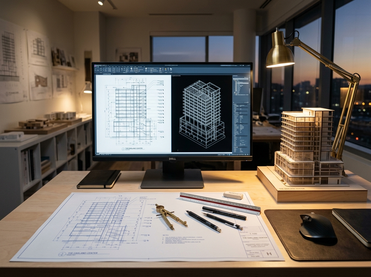 Bouldspace precision CAD architectural blueprints and 3D structural wireframe modeling workstation.