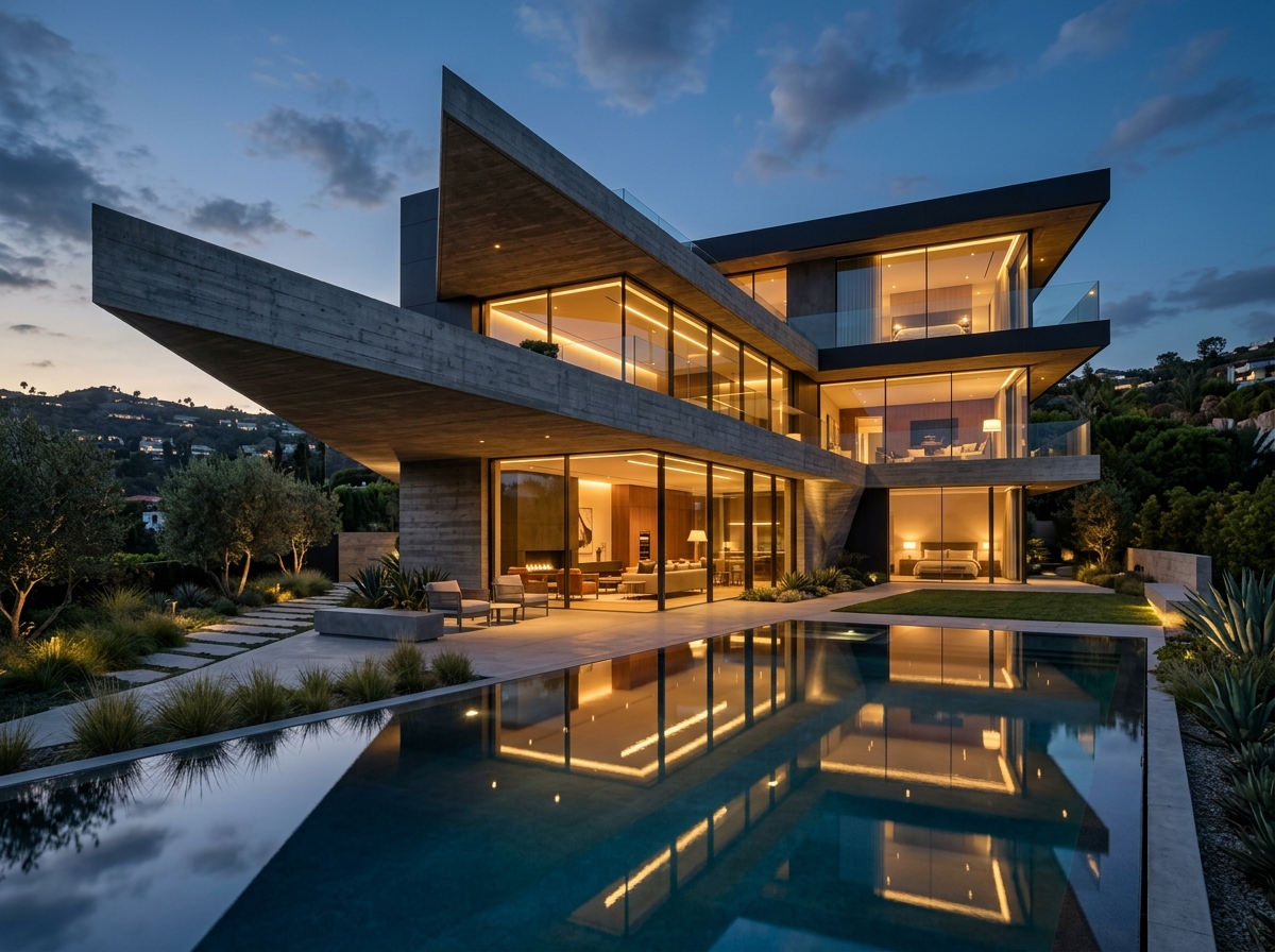 Bouldspace contemporary luxury architectural villa with cantilevered slabs and ambient lighting.