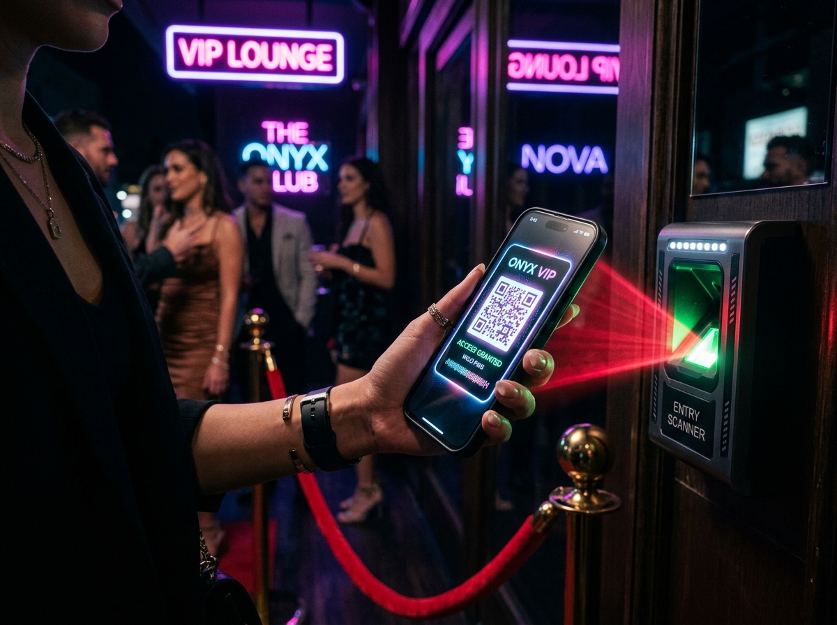 ClubIn dynamic QR ticket validation and sub-second entry scanner at VIP club entrance.