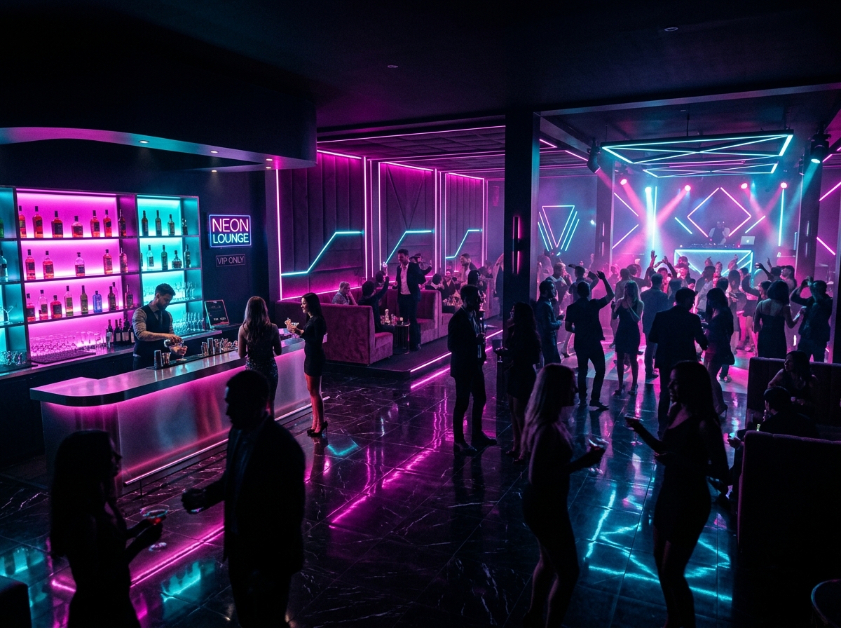 ClubIn luxury neon-lit nightclub VIP lounge and nightlife atmosphere.