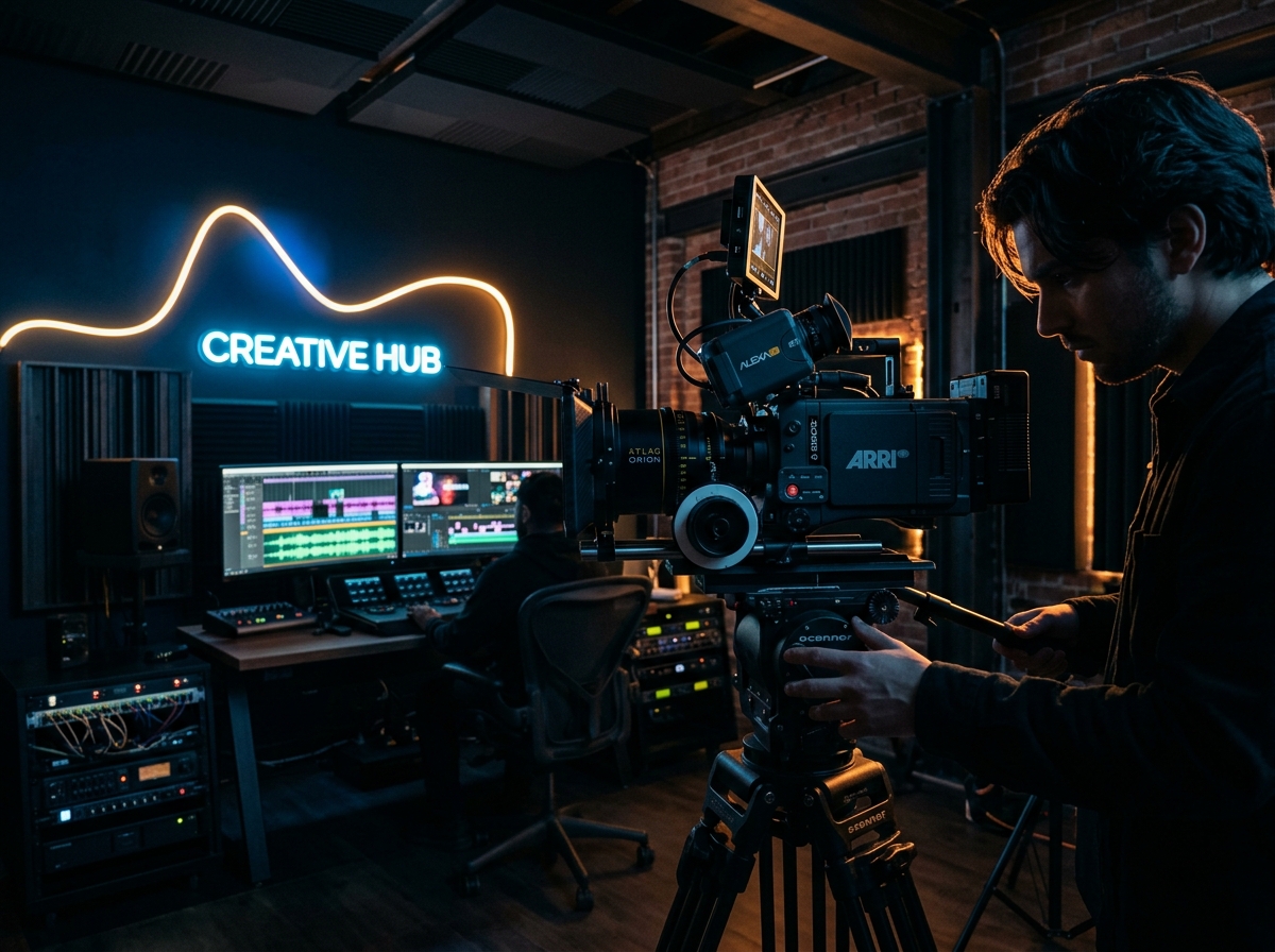 Sire Media high-end creative production studio with cinema camera setup and video editing suites.